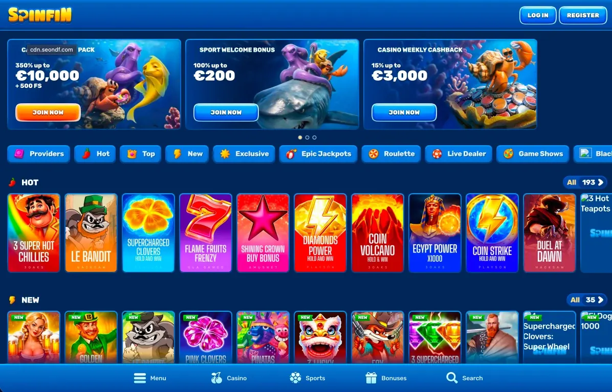 Spinfin, 10.10.2026: strona główna z ofertami powitalnymi.